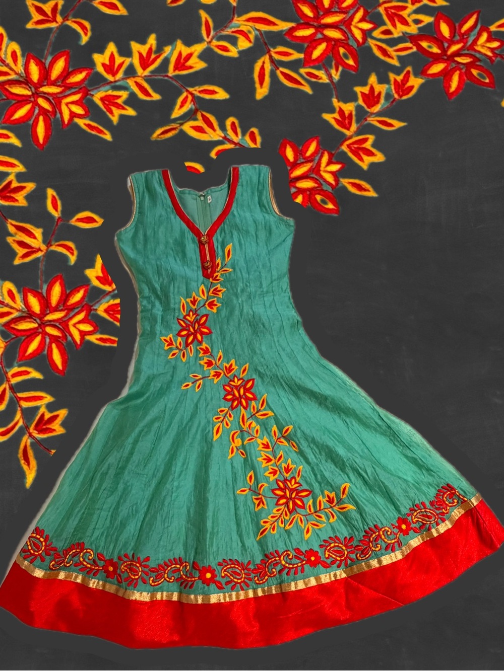 VINTAGE Embroidered bold Teal Red Gold cultural global Flare Midi Dress XS XXS
